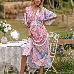 SundayUp Boho Floral Pink Surplice Kimono Sleeve Dress